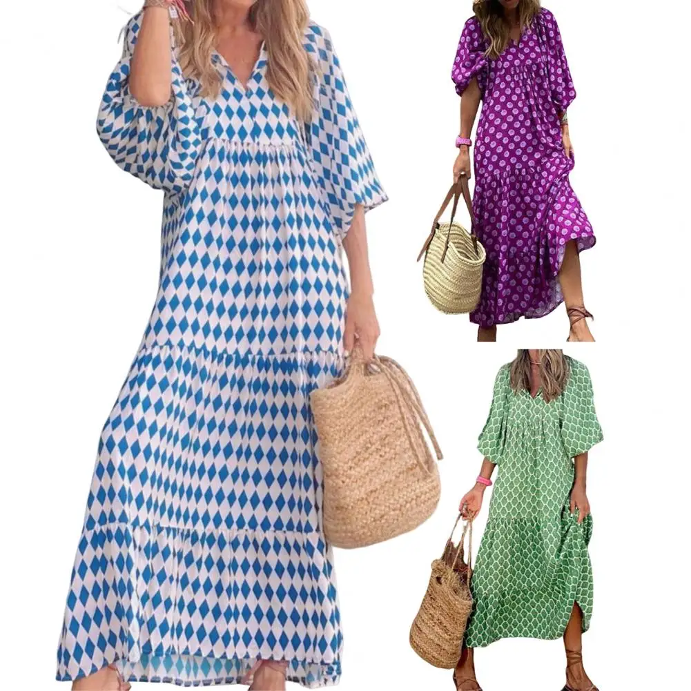

Women Dress Summer Puff Sleeve Boho V Neck Print Long Dress Loose Holiday Beach Female Casual Floral Maxi Dresses Party Vestidos