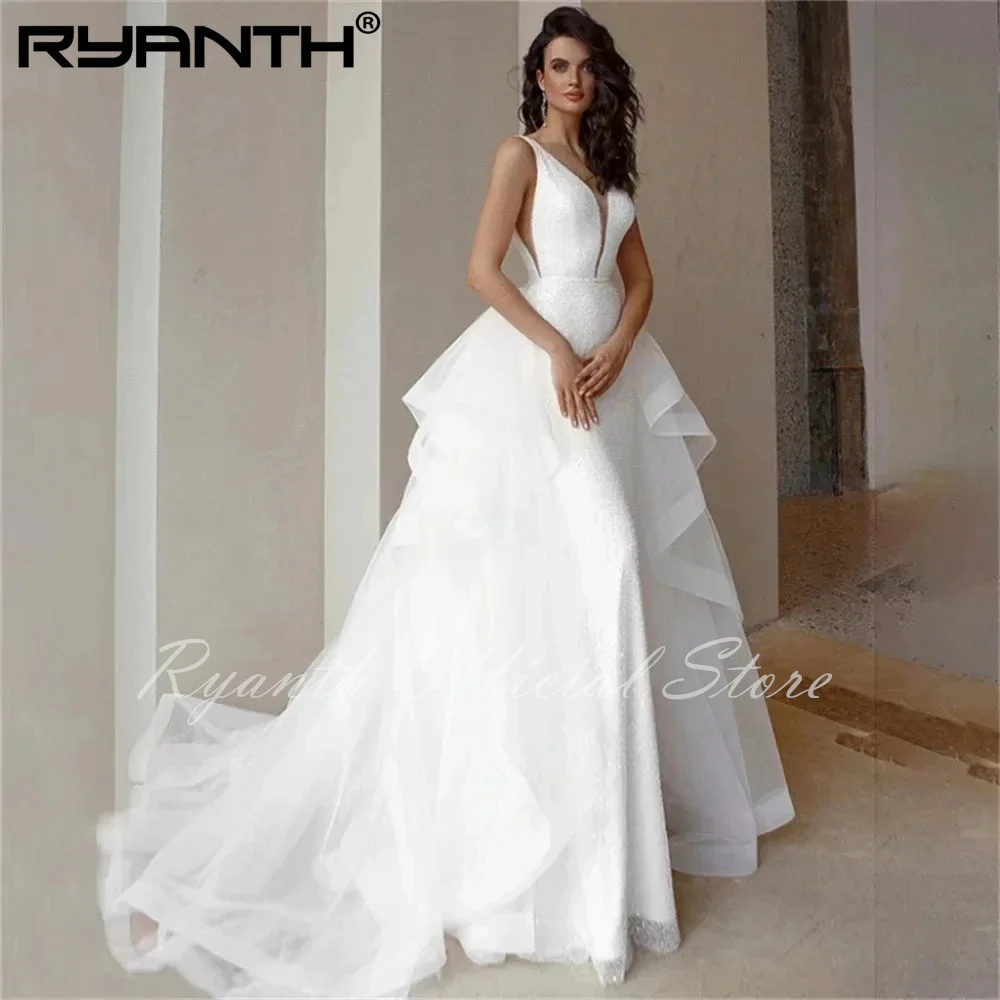 

Новинка 2024, простые свадебные платья на бретельках, Элегантное свадебное платье с V-образным вырезом, платье-футляр с юбкой-годе, съемное платье с многоярусным шлейфом