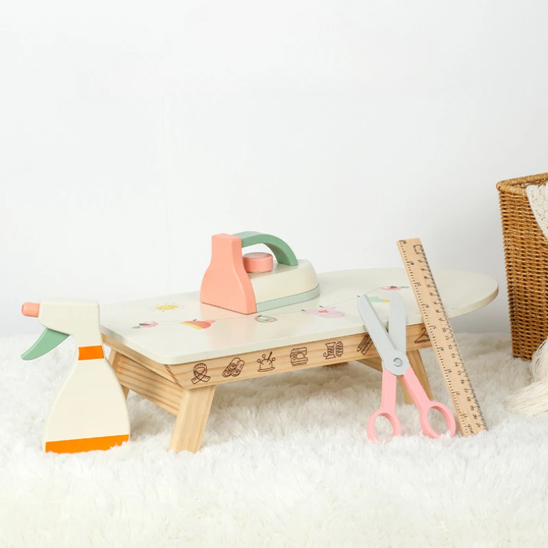 Montessori Wooden Pretend Play Housekeeping Ironing Board Iron Rack Interactive Toys Puzzle Simulation Small Appliance Girls Toy