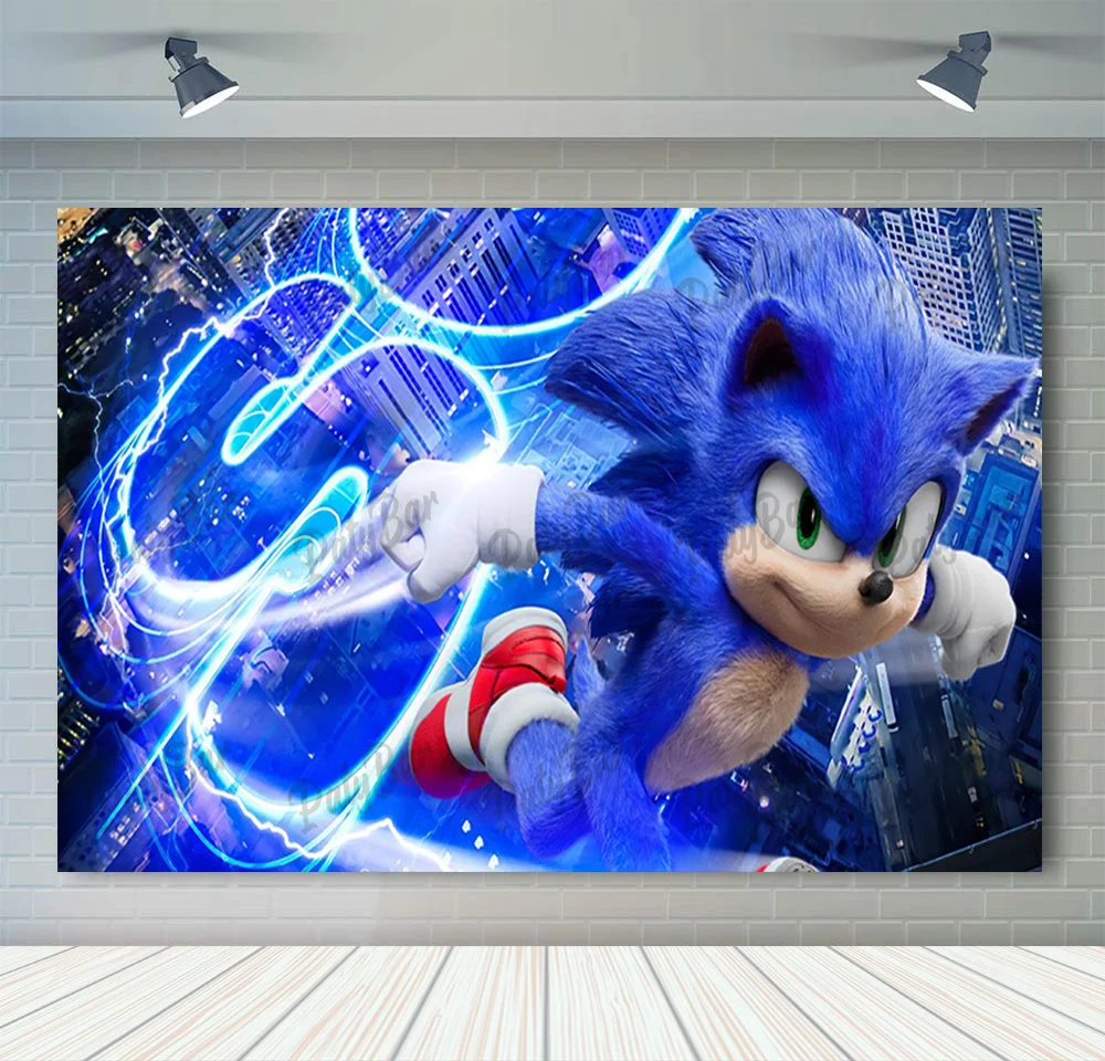 thumbnail image 1 of Fondo de fotografía de Sonic, el erizo de velocidad, héroe corredor, fondo de fotografía de dibujos animados para cumpleaños de niños, accesorios de vinilo de poliéster rojo y azul, 1 of 5