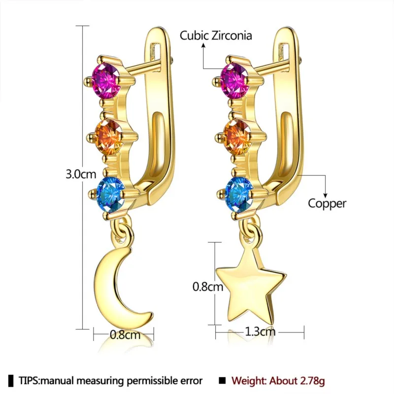 14K Gold Color CZ Asymmetry Star&Moon Hoop Earrings for Women Fashion Boho Huggies Jewelry Gift Pulseras Mujer