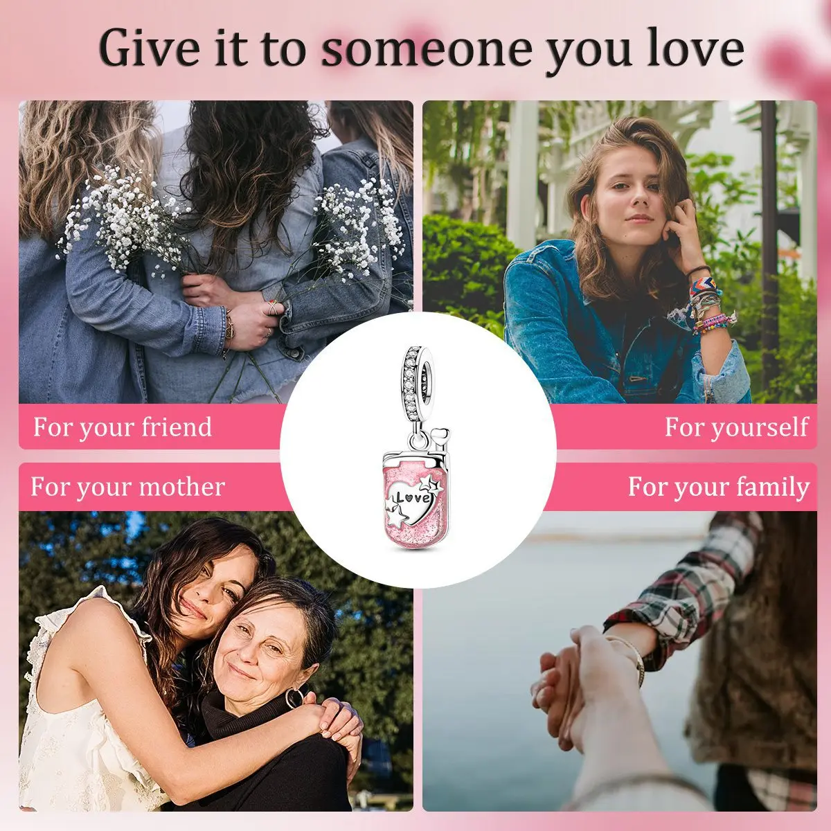 Sterling Silver Pink Glitter Heart Dangle Charm with Enamel and CZ