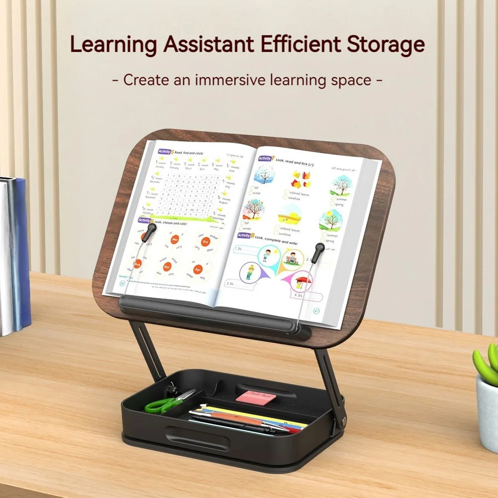 저장 공간이 있는 독서용 책꽂이 페이지 클립이 있는 접이식 데스크탑 라이저 악보용 요리책 스탠드 레시피 태블릿 노트북용 책꽂이