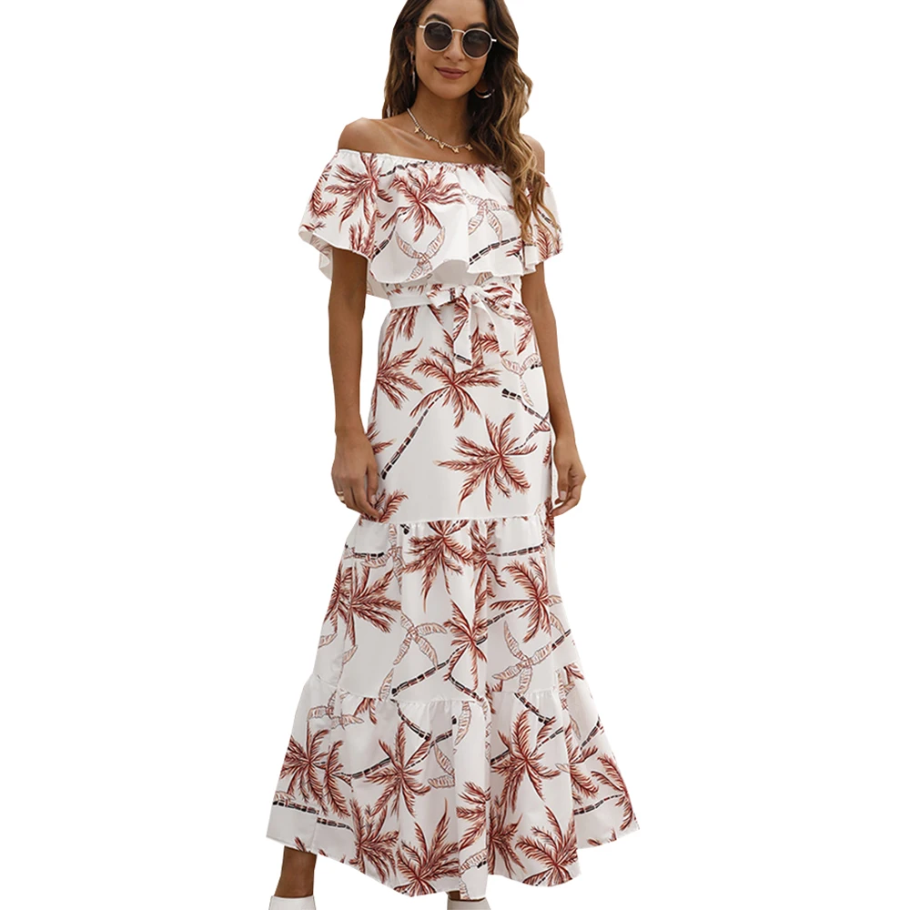 

Sexy corset slash neck beach dress elegant print summer chiffon dress women shoulder floral ruffle sundress Vacation vestidos