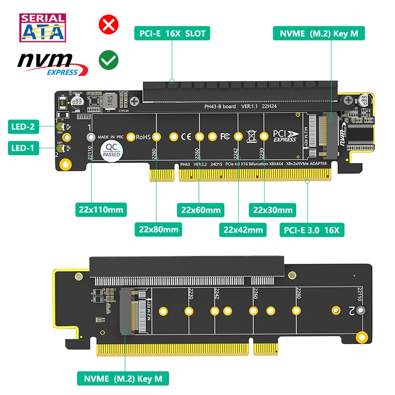 PCIe X16 - X8+X4+X4 분배기 카드 어댑터 PCIE4.0 M.2 PCIE 어댑터 M.2 NVMEx2 입력 포트는 2280/2260/2242/2230 NVME SSD를 지원합니다.