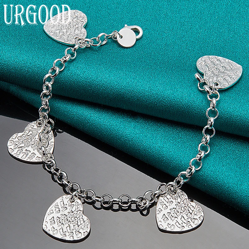 

925 Sterling Silver Five Heart Carving Pattern Pendant Chain Bracelet For Women Men Party Engagement Wedding Fashion Jewelry