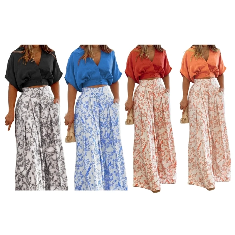 

Женские летние комплекты из 2 предметов, лето 2023, повседневные летние блузки, футболки, топы и широкие брюки с цветочным брюк