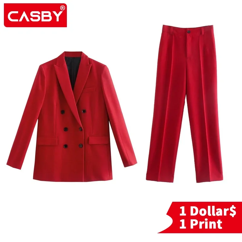 

Custom Logo Women's 2022 Fashion New Double Breasted Slim Fit Solid Blazer Retro Leisure Female Chic Jacket+Mid Waist Pants Suit