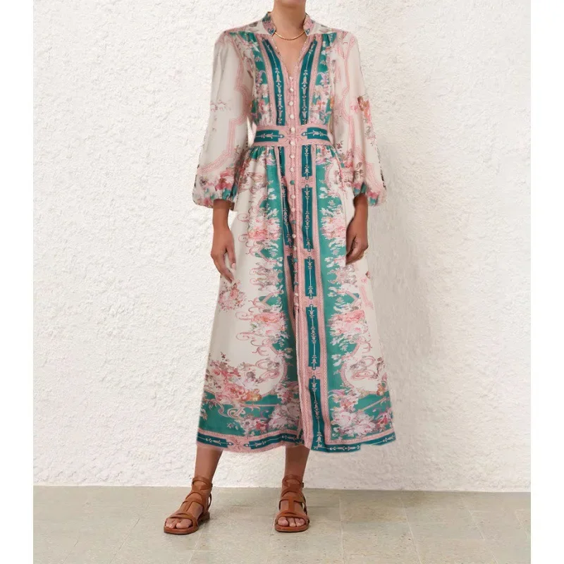 

2024 positioning prints new lantern sleeve Dress women's vacation style elegant temperament medium length dresses women's dress