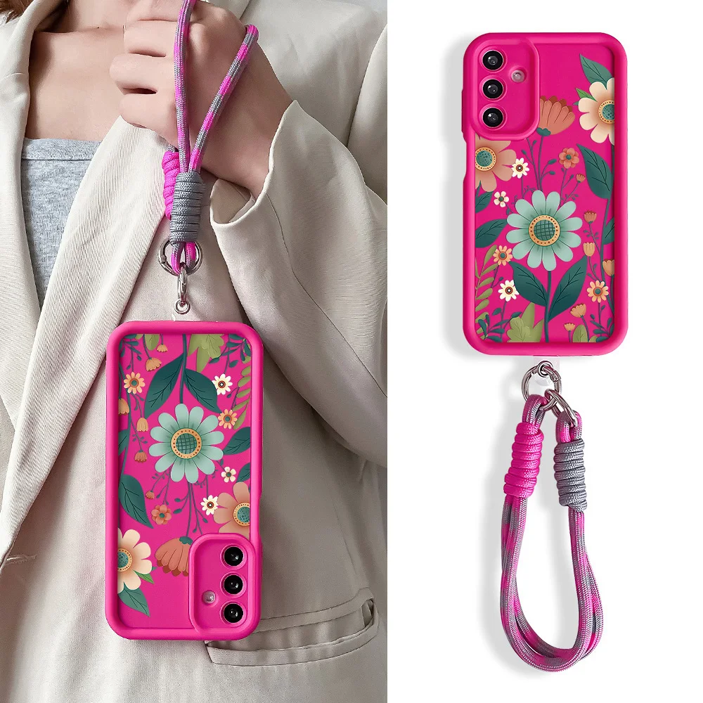 Charming Floral Phone Case with Wrist Chain and Lanyard, Soft TPU Cover