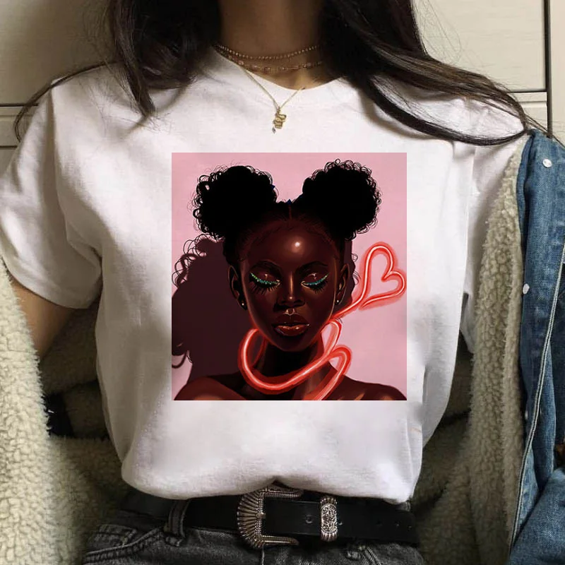 

Instagram Fire African Curly Girl Black Girl Cartoon Print Short-sleeved Top TT-shirt Tops Oversized T Shirt Women Clothes