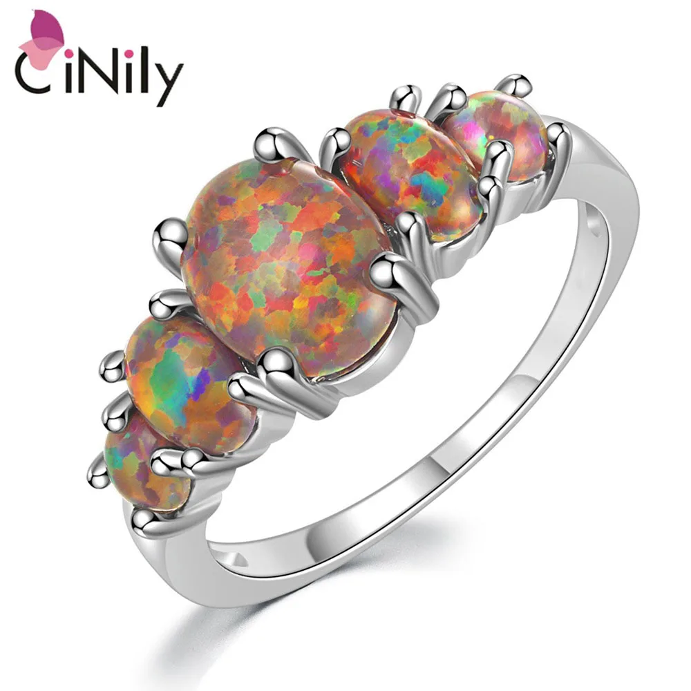 Cinily White & Orange & Blue Fire Opal Filled Rings Con Pietra Rotonda Argento Placcato Lusso Grande Bohemia Boho Summer Jewelry Donna