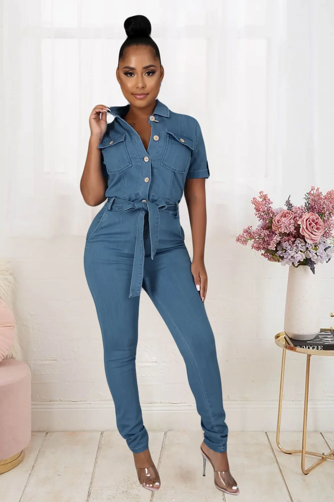 

2024 Winter Women Short Sleeve Lapel Lace Up Fashion Casual Solid Color Denim Long Jumpsuit