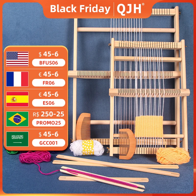 QJHLargeWoodenWeavingLoomKitFrameLoomLearnToWeaveEarthyBeginnerTapestryKitWall.jpg