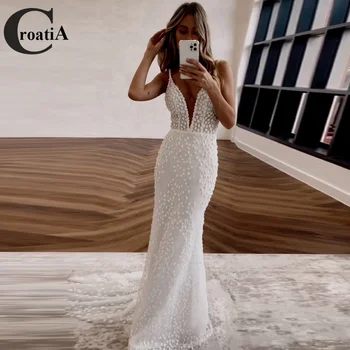 Croatia Luxurious Sexy Fashion Wedding Dresses Deep V-Neck Spaghetti Straps Customized Appliques Robe De Mariée Engagement Plus