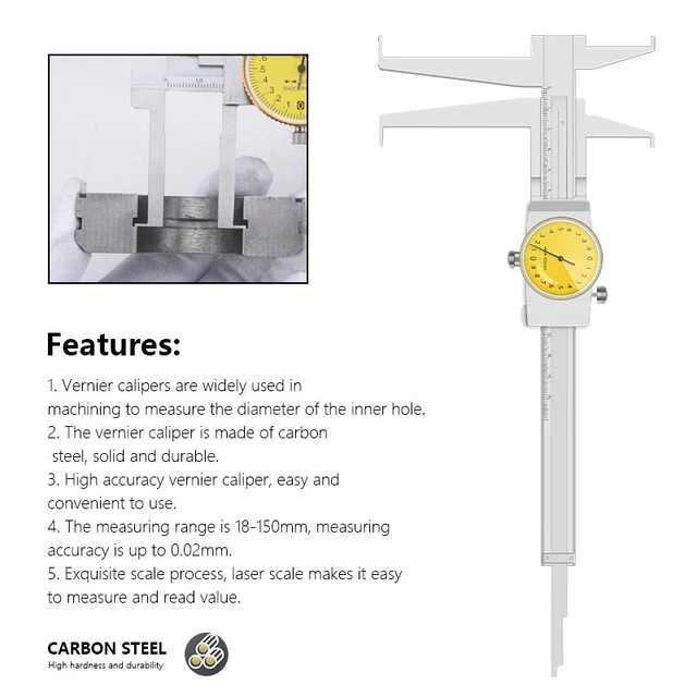 XCAN Caliper 18-150mm Accuracy 0.02mm Inside Groove Dial Vernier Caliper  Long Claws Bidirectional Shockproof Gauge Measure Tool