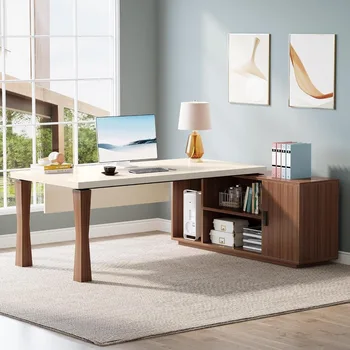 78.7-Inch Executive Desk, L-Shaped Desk with Cabinet, Large Office Desk with Storage Shelves, Writing Table Business Furniture 4