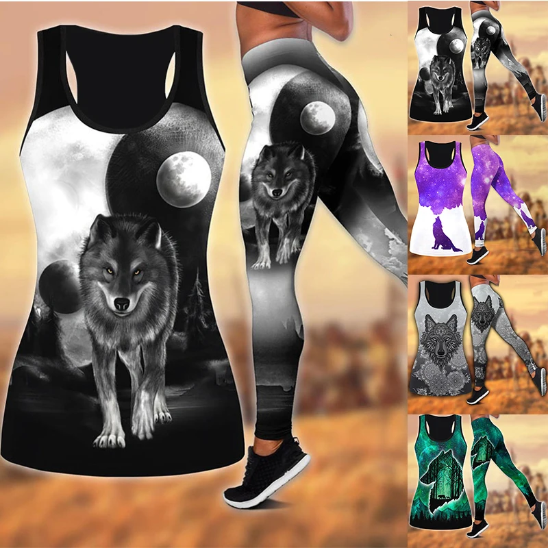 

Women's Wolf 3D Printed Hollow Tank Top Leggings sleeveless vest Yoga Pants summer outfits for women 2023 Plus Size shirt