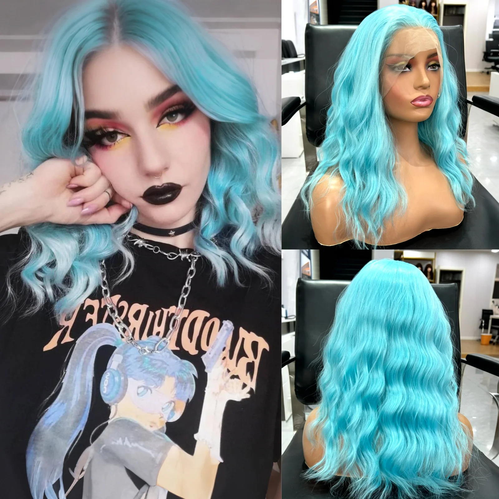 Short Curly Wavy Bob Wig for Women Synthetic Hair Free Part Shoulder Length Loose Curly Natural Wave Blue Colored Wigs for Daily