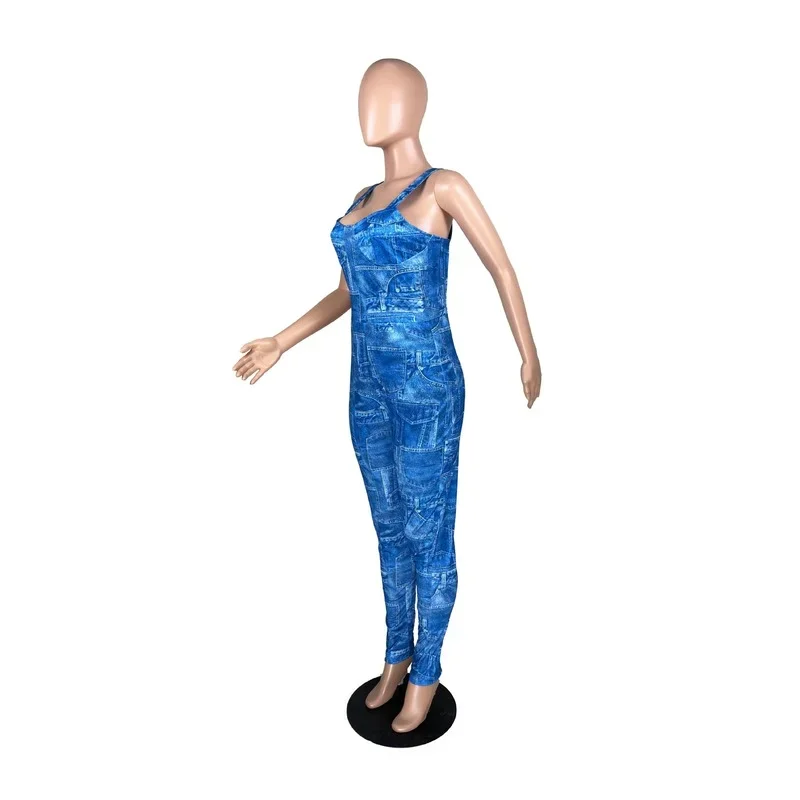 2024 New Fashion Spring Summer Suspenders Imitation Denim Print Jumpsuits Women Patchwork Collage Casual High Waist Slim Rompers