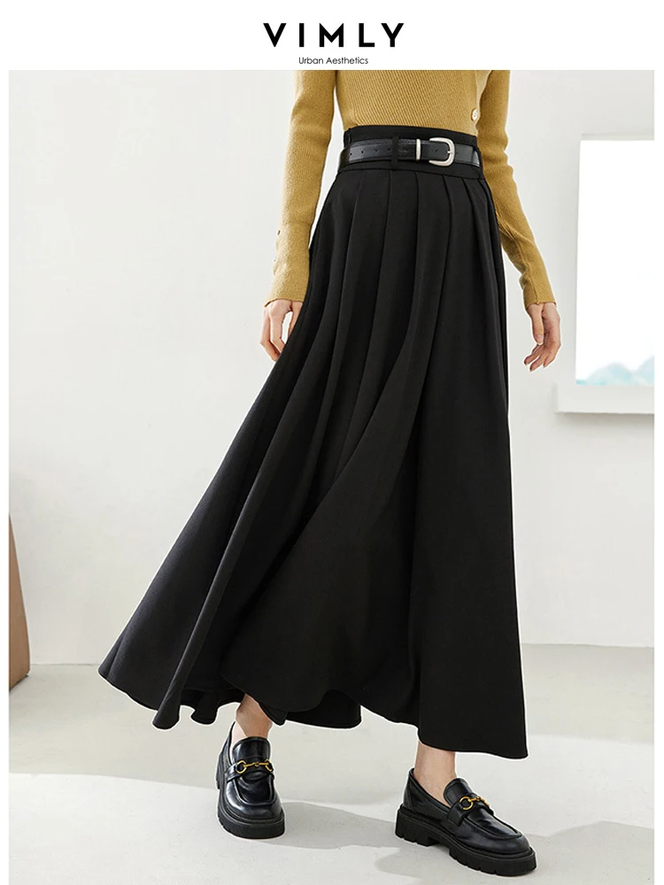 Vimly High Waist Black Maxi Skirt 2023 Autumn Solid Elegant Office Lady A-line Pleated Skirts with Belt Female Clothes 16109