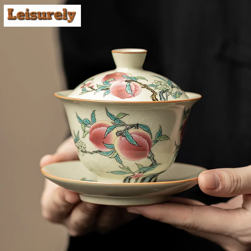120ml Antique Ru Kiln Porcelain Gaiwan Creative Nine Peach Sancai  Tea Tureen Boutique Tea Maker Cover Bowl Tableware Craft Gift
