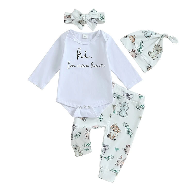 

Newborn Baby Boy Girl Clothes Infant Im New Here Letter Printed Romper and Pants Sets 4pcs Winter Fall Outfits