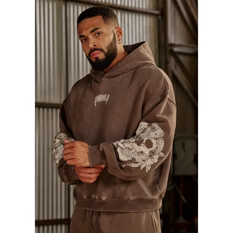 Men Hooded Sweatshirt Younglaa American Style Vintage Trendy Men's Hooded Sweatshirt Autumn/Winter Sports Fitness Running Training Hooded Sweatshi