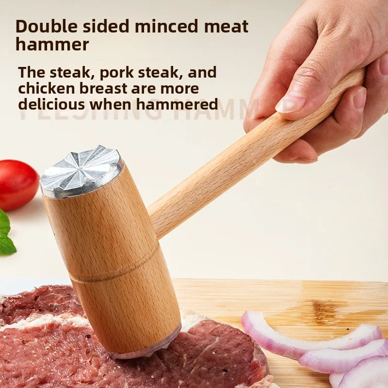 Double Sided Metal Meat Hammer with Wooden Handle Tender Meat Nuts Cucumber Multifunctional Cooking Pickled Hammer Kitchen Tools