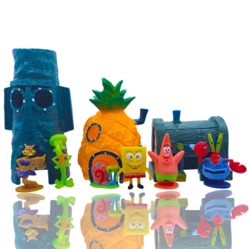 6 pçs bob esponja decoração do tanque de peixes dos desenhos animados aquário boneca decorações abacaxi casa peixe camarão esconderijo decoração do aquário 1