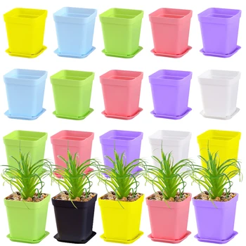10pcs 7x7cm Plastic Square Flower Pot with Cover Garden Balcony Office Desktop Flower Pot Plant Growing Container