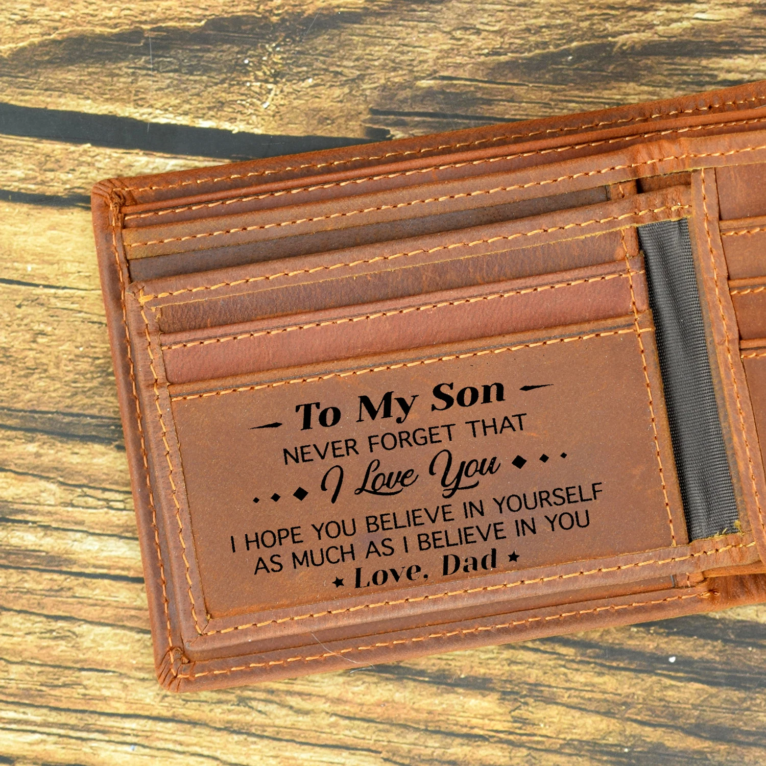

Dad To Son Gift RFID Genuine Leather Wallet for Man Customized Inspiring Text Wallet Card Holder Gift for Son