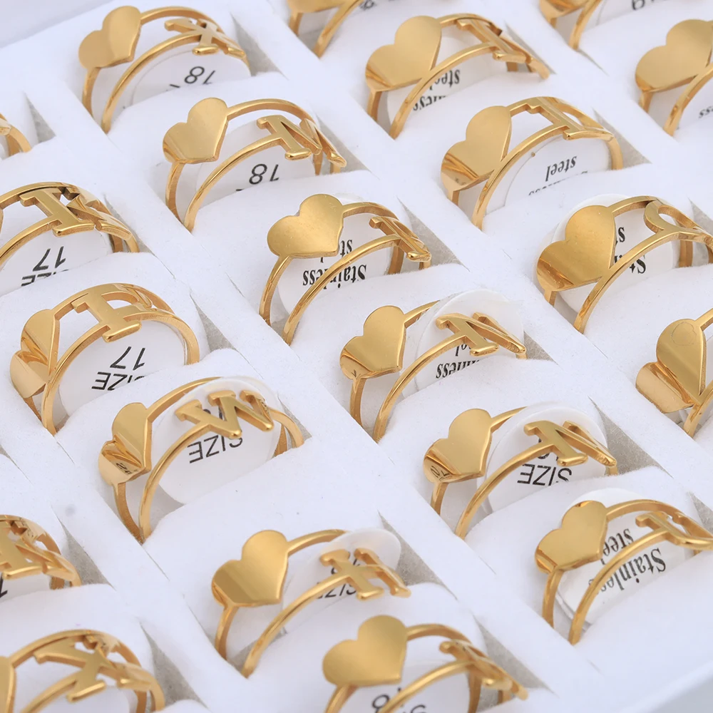 36 Pcs/lot A-Z 26 Letters Heart Stainless Steel Rings for Women Initial Alphabet Couple Ring Female Jewelry Best Friend Gifts 4