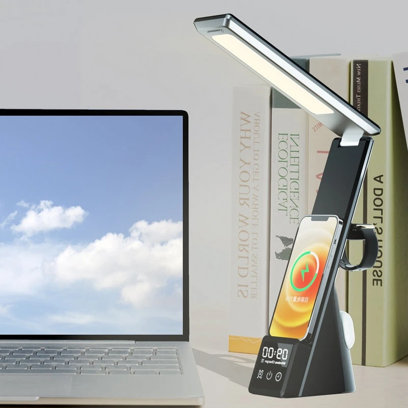 LED Desk Lamp 3 in 1 Multifunctional Table Lamp 3 Dimable Level Fast Qi Wireless Charger Indoor Folding Reading Light With Clock
