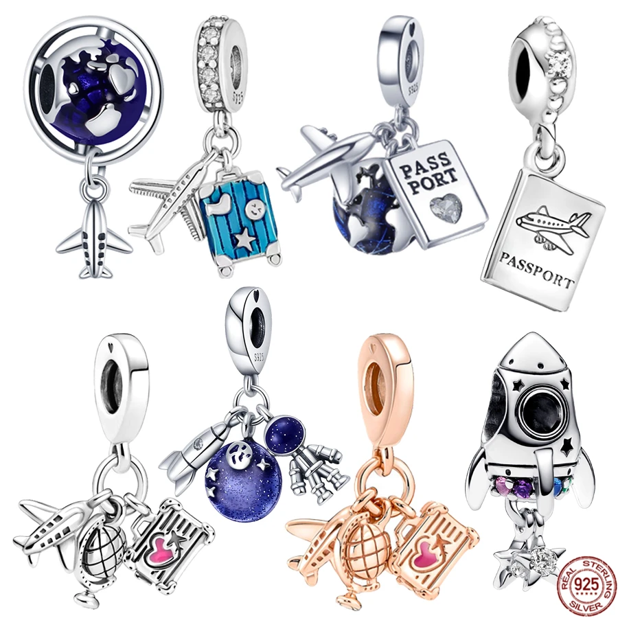 

Hot 925 Sterling Silver Airplane Passport Rocket Dangle Charm Beads Women DIY Fashion Jewelry Gift Fit Original Pandora Bracelet