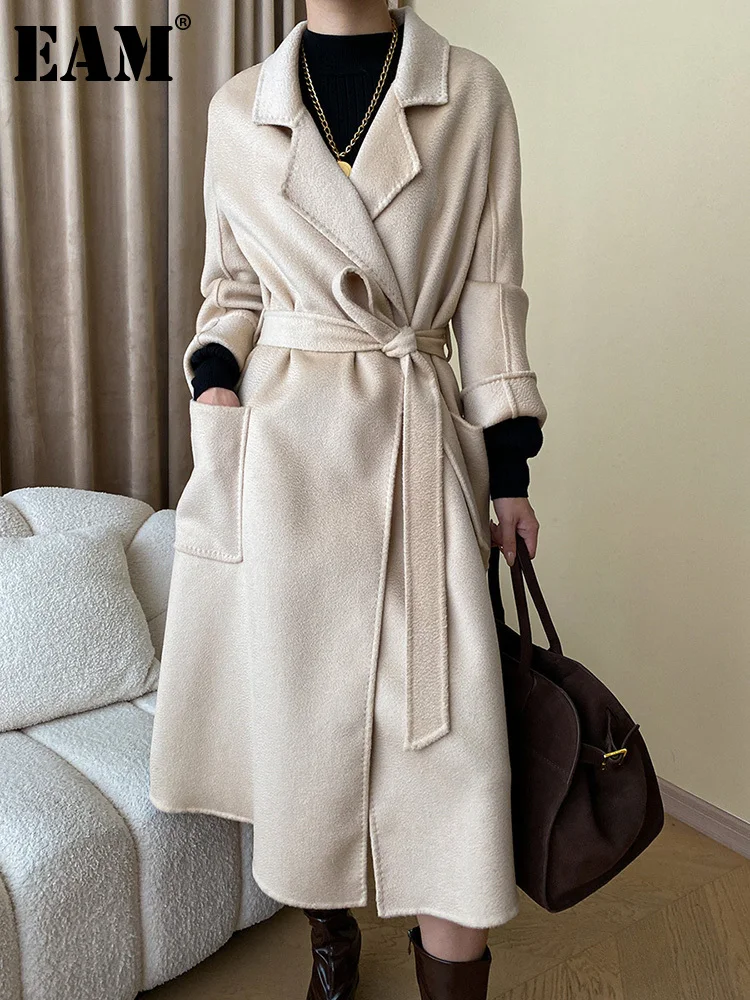 

[EAM] Camel Big Size Warm Long Belted Woolen Coat New Lapel Long Sleeve Women Jacket Fashion Tide Autumn Winter 2024 1DH2474