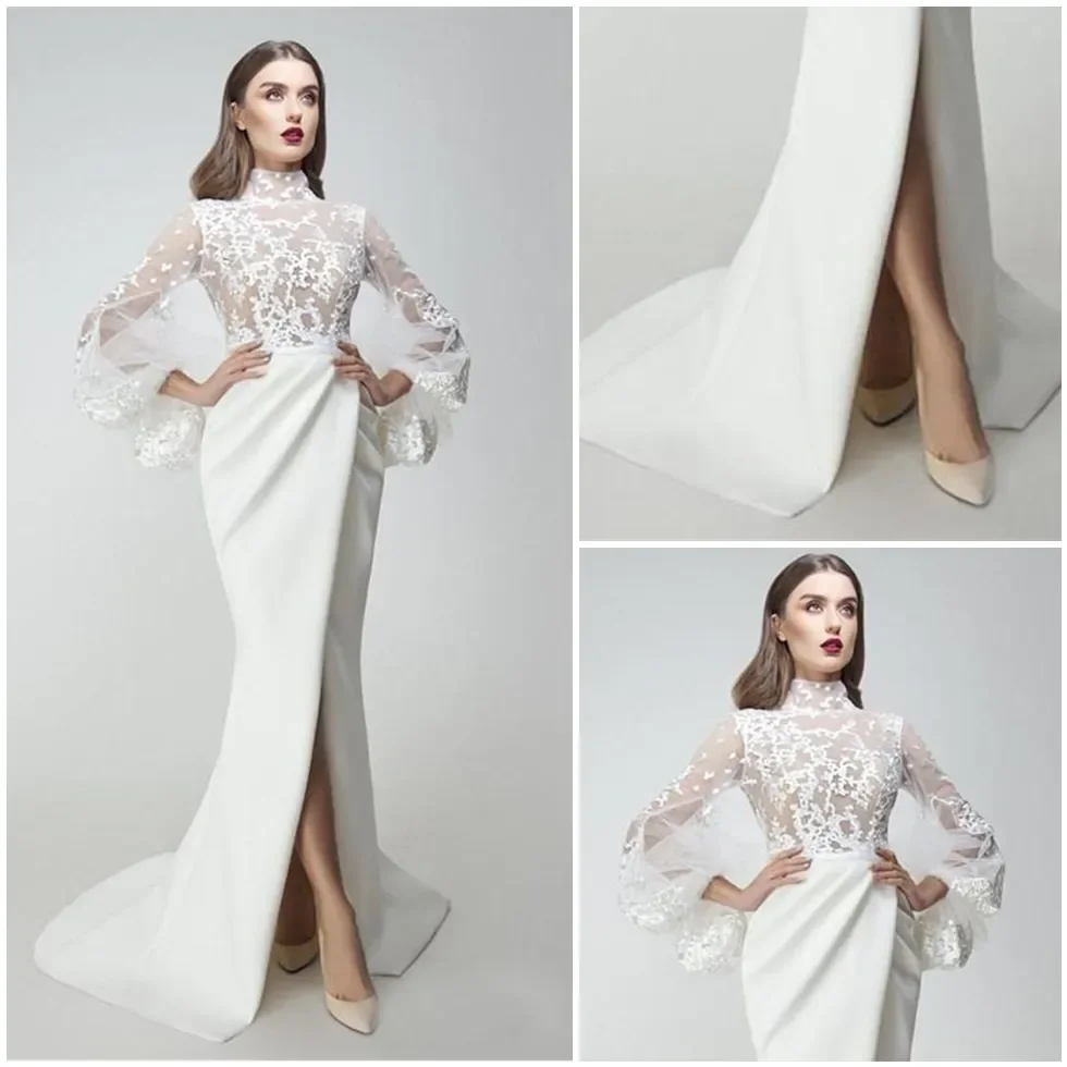 

2024 New Lace Appliqued Long Sleeves Side Split Mermaid Evening Gowns Sweep Train Special Occasion Party Dress