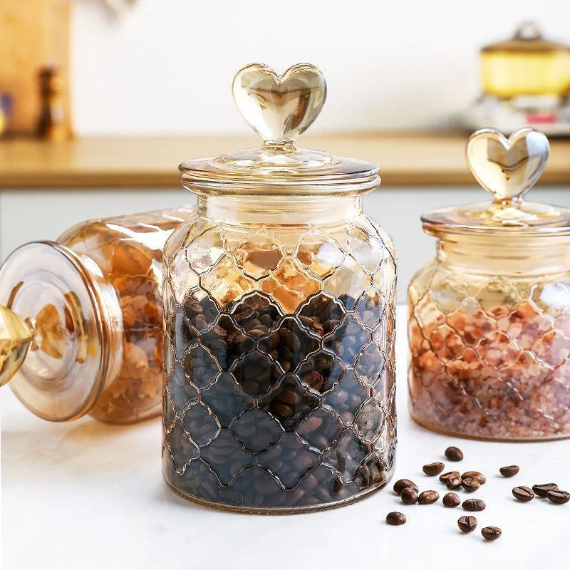 Heart-shaped Glass Storage Jar Sealed Tea Cans Home Large-capacity Candy Nut Coffee Bean Storage Jar Kitchen Container