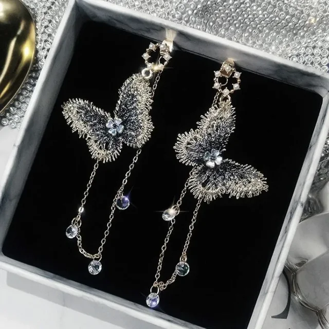 1Pair Korean Trendy Butterfly Crystal Pearl Earrings Temperament Tassel Earrings Fashion Women's Earrings 3