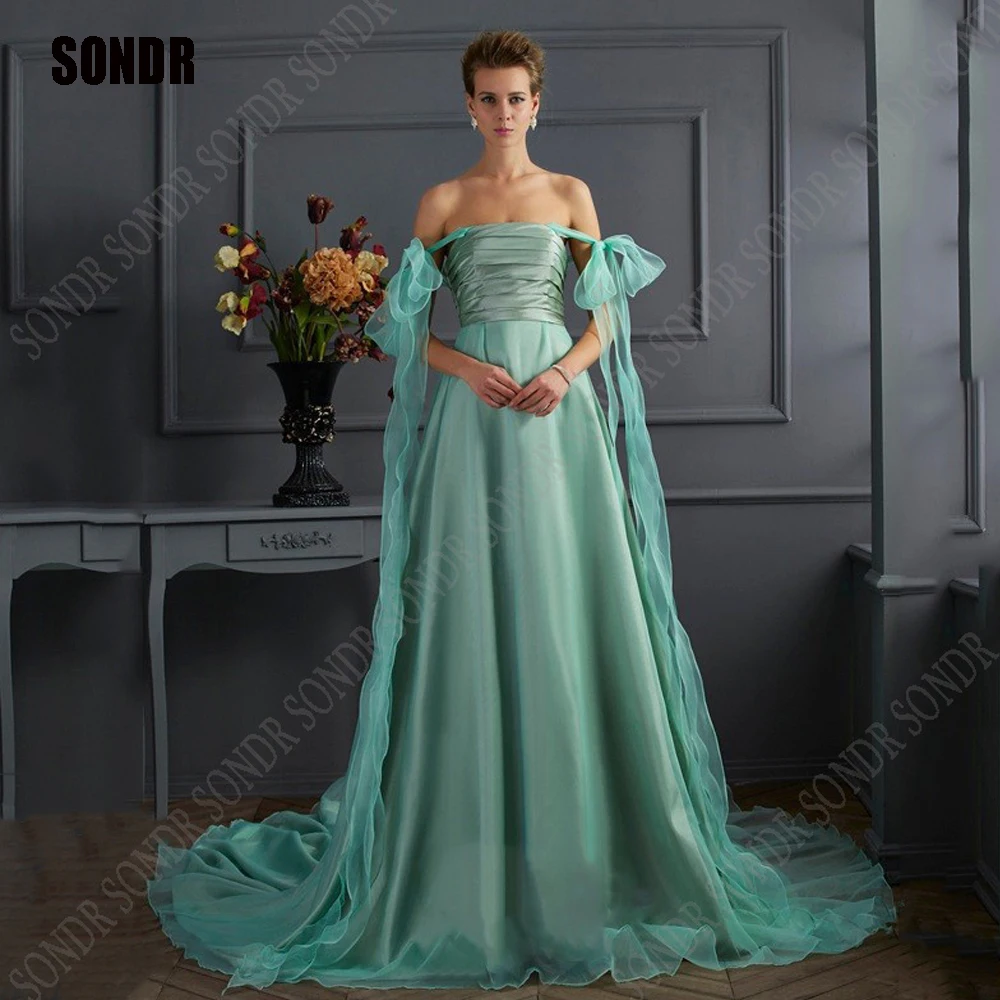 

SONDR Green Long Satin A Line Weeding Party Dress Gowns Off Shoulder Long Formal Celebrity Evening Night Prom Dresses 2023