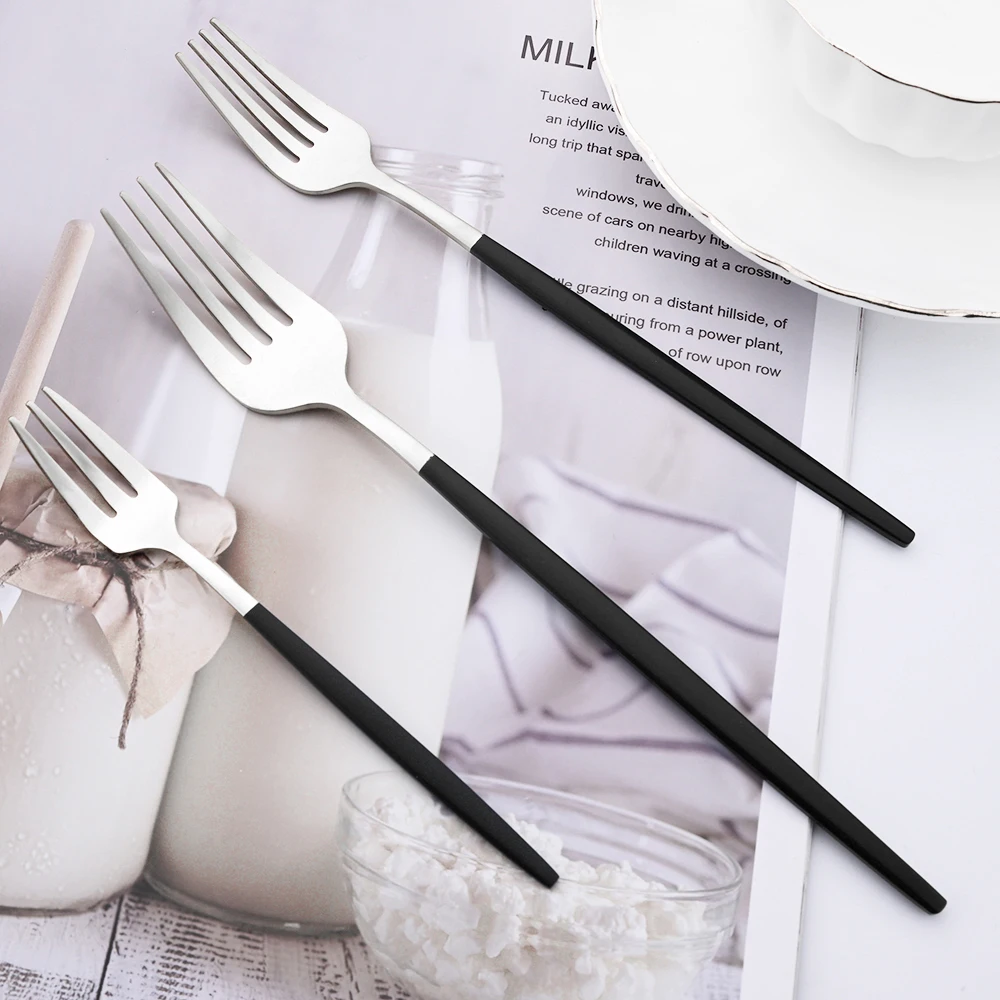 Drmfiy Dinnerware Knife Dessert Fork Coffee Spoons Tableware Cake Fork 1pcs Stainless Steel Cutlery Flatware Set Black Silver