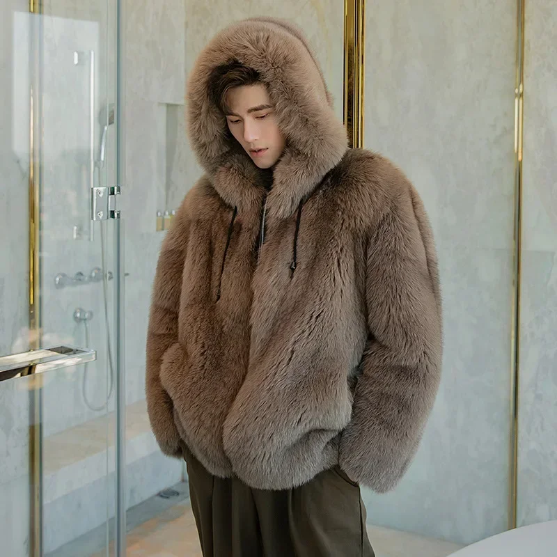 

New Fox Fur Whole Leather Imitation One Piece Hooded Warm clothing Youth winter victorian jacket men korean fashion trench coat