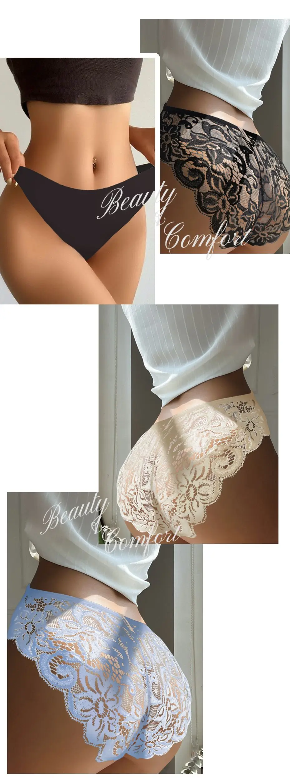 Description Picture 4 of itemBZEL Sexy Lace Briefs Womens Panties Floral Lace Female Underwear Low Rise Lingerie Ice Silk G-string Thong Underpants Tanga