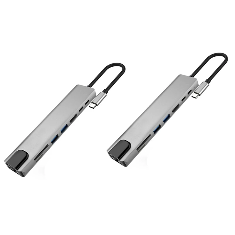 

2X USB C Hub 8 In 1 Multiport Type C Adapter With 4K Port, Ethernet 1000Mbps RJ45 Port, USB-C Power Delivery