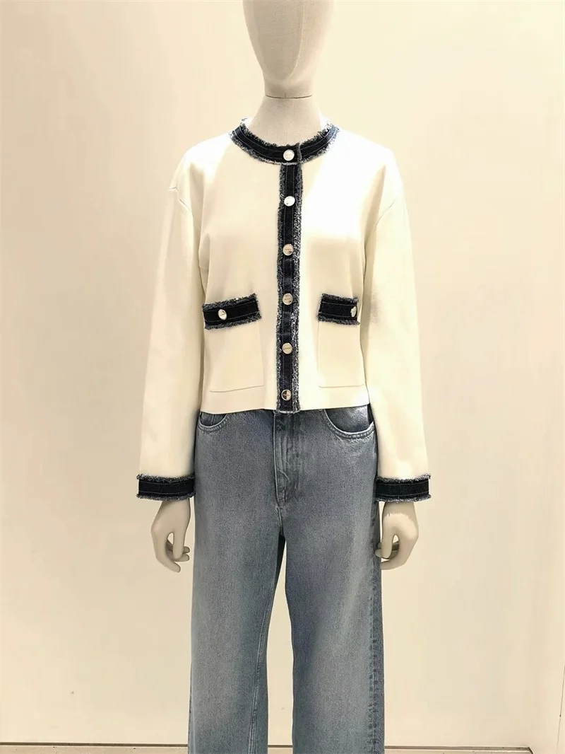Women's Striped Knitted Cardigan Coat Versatile Contrasting Denim Patchwork Trim Female Single-Breasted Knitwear Jacket Tops 5