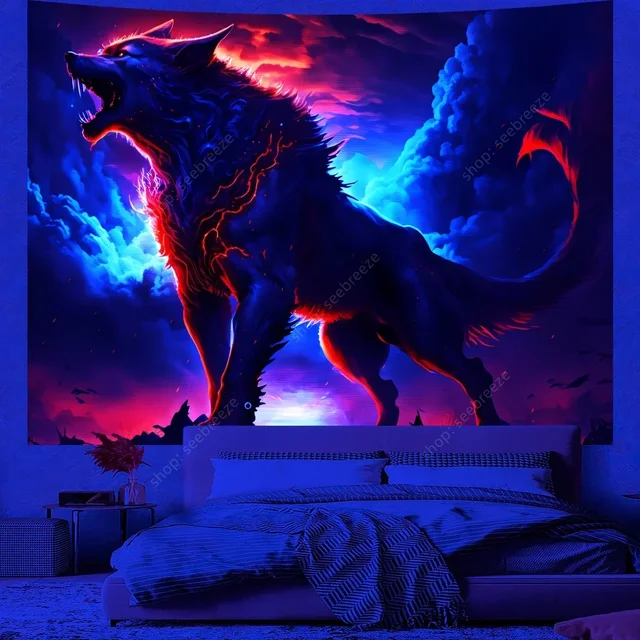 Tapisserie animale loup psychédélique, tapisserie réactive UV, tenture murale, décor de chambre Hippie, couverture de canapé, serviette de plage, cadeau pour ami 3