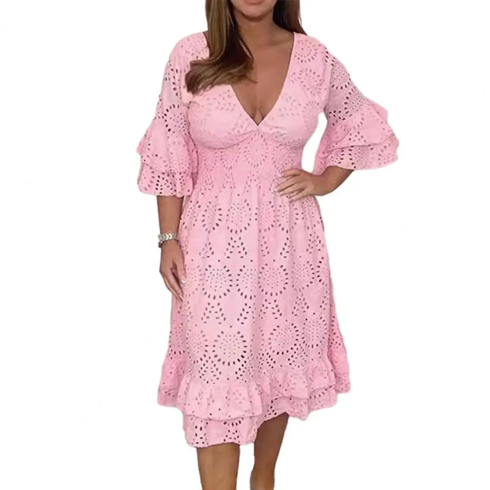 

Elegant Women Embroidery Hollow Out Lace Midi Dress Deep V Neck Flared Sleeve Loose Hem Dresses for women vestidos para mujer