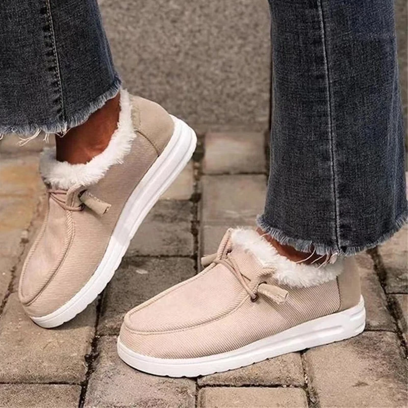 

Comfortable Flat Slippers Winter 2022 New Fashion All-match Temperament Women's Shoes Warm Plush Vulcanized Sneakers Round Toe