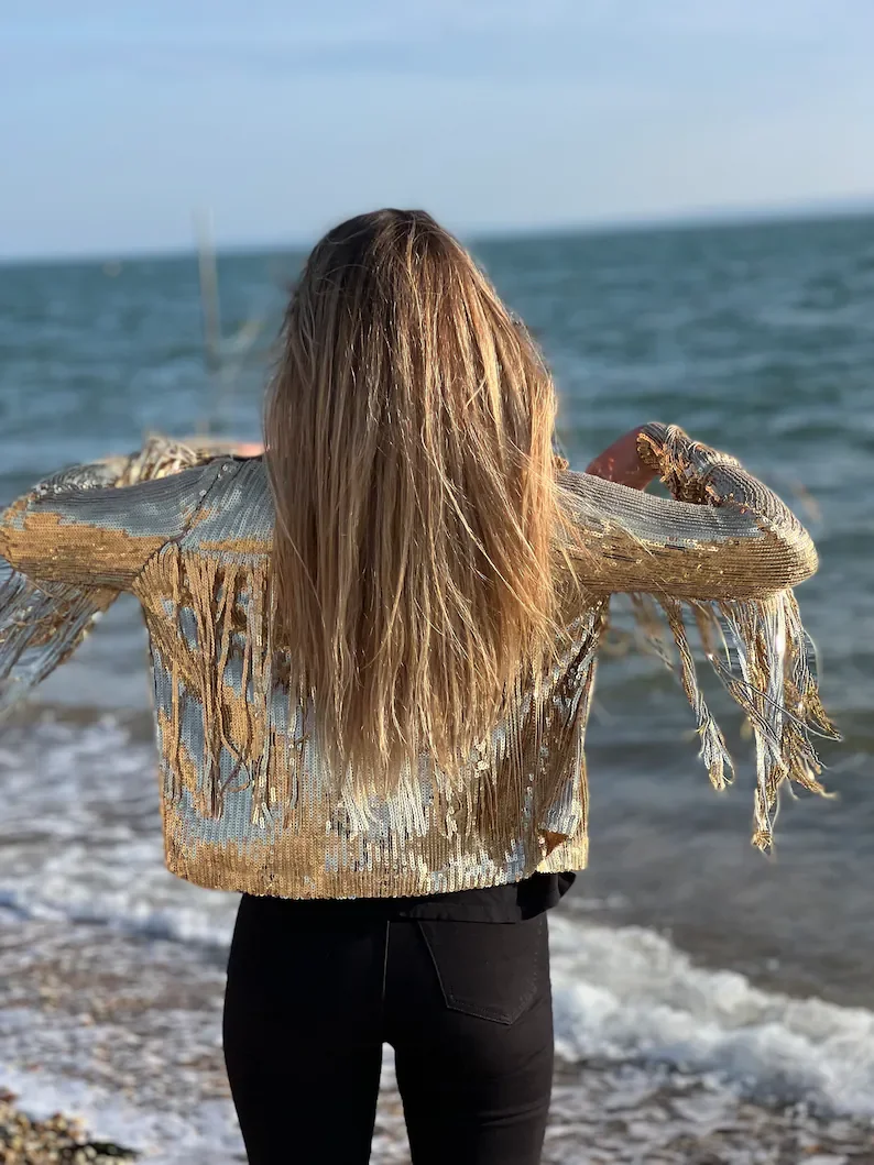 Personalized Gold Wedding Tassel Sequin Fringed Jacket Custom Pearl Fringe Tinsel Boho Jackets Festival Bridal Party Outfit Coat