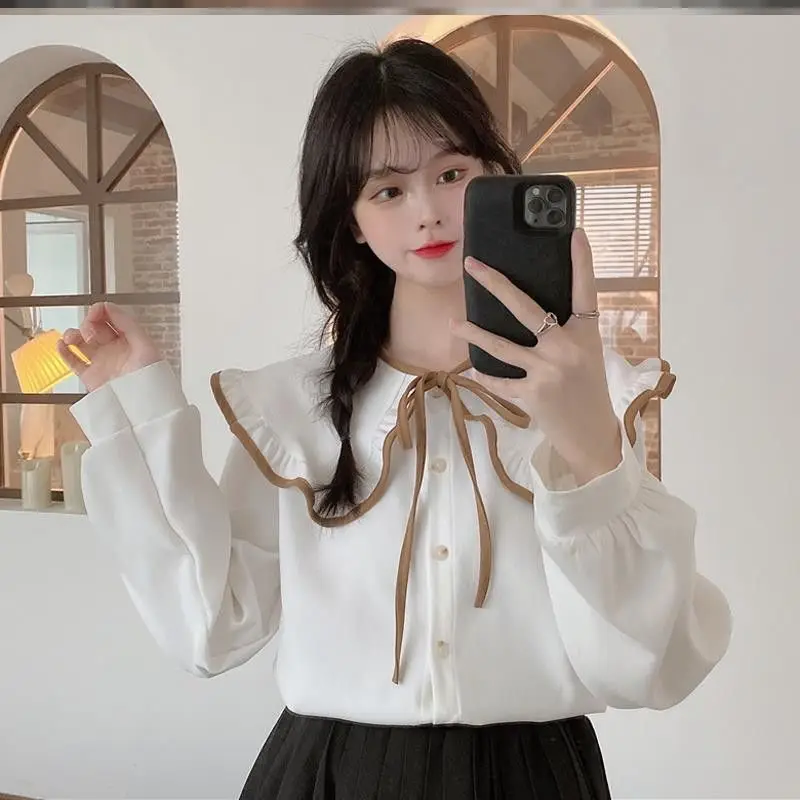 Sweet Shirts for Women Peter Pan Collar Fashion Autumn Winter New Preppy Lovely Tops Lace-up Bow All-match Streetwear Harajuku